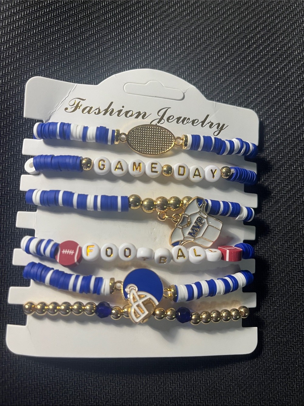 Fashion Jewelry Blue White and Gold Game Day Football Bracelet Set